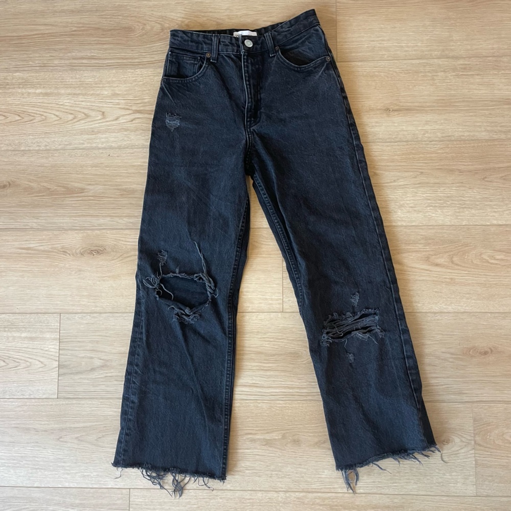 Zara black denim ripped distressed wide leg jeans
